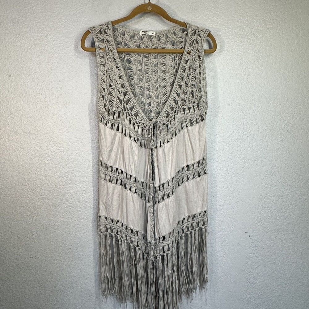 Miss Kelly 1999 Crochet Vest Beige Fringe Boho Festival Hippie VTG Y2K Women L